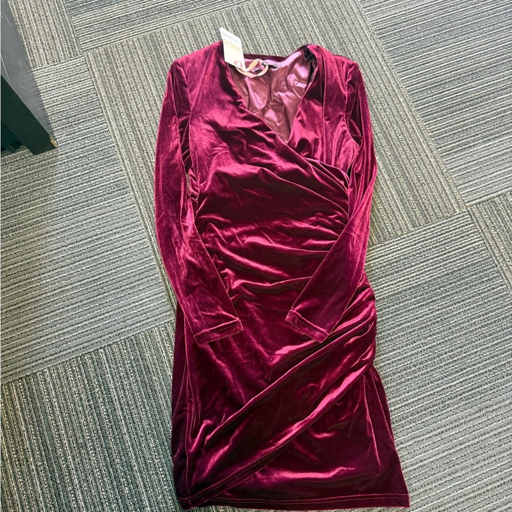 Alex Marie Velvet Wrap Long-Sleeve Dress in Berry